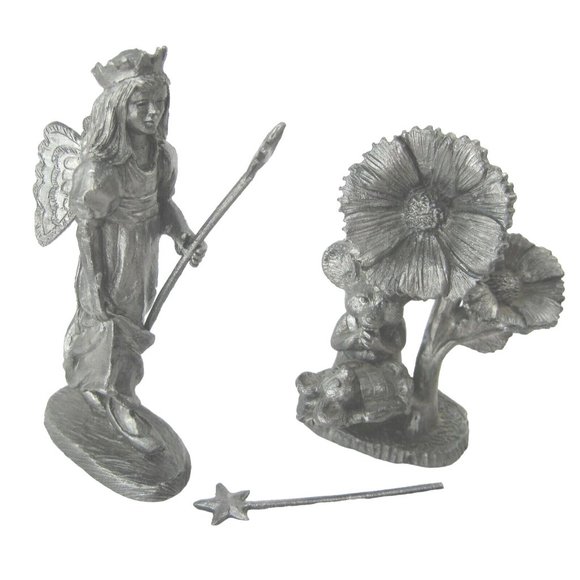Michael Ricker Pewter 2 Figurine Flowers & Mice, Fairy With Crown Wand & Wings - Picture 1 of 12